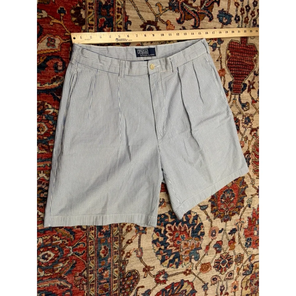 Polo Ralph Lauren Men’s Seersucker Pleated Shorts Size 34 Blue White Stripe Cott